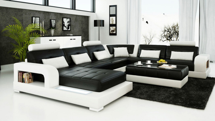 Sofa Ecksofa Design Wohnlandschaft mit Regal Polster Sitz Garnitur Ledersofa USB