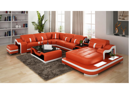 Ledersofa mit USB Couch Wohnlandschaft Ecksofa Eck Garnitur Design Modern Sofa