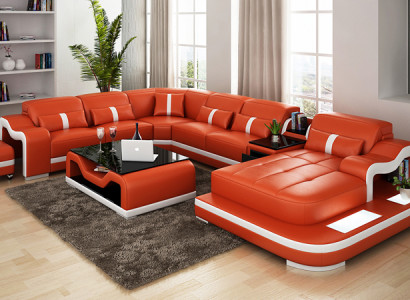 Ledersofa mit USB Couch Wohnlandschaft Ecksofa Eck Garnitur Design Modern Sofa