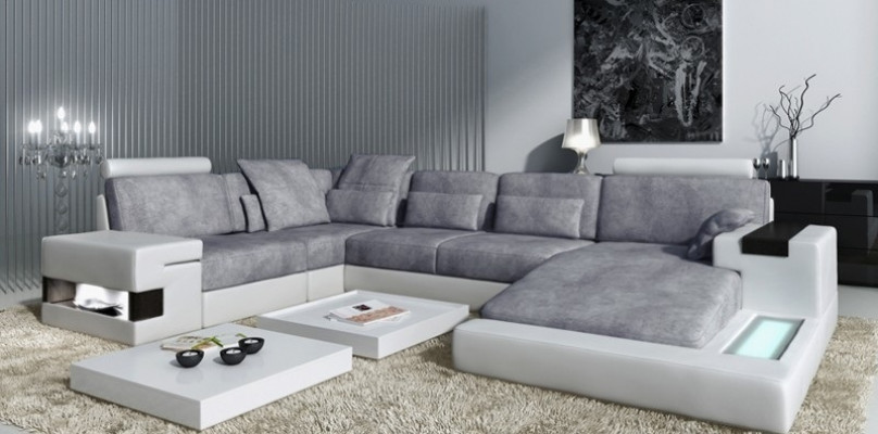 Ecksofa Ledersofa Sofa USB Polster Garnitur Form XXL Big Sofas Wohnlandschaft