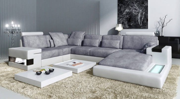 Ecksofa Sofa Wohnlandschaft U Form Polster Couch Ledersofa Stoff Leder USB + LED