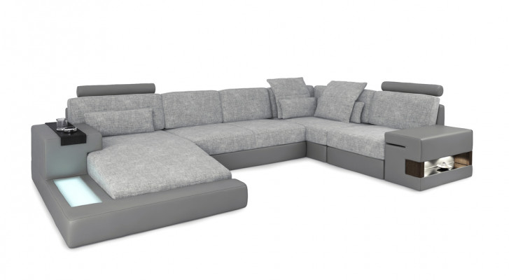 Ecksofa Sofa Wohnlandschaft U Form Polster Couch Ledersofa Stoff Leder USB + LED