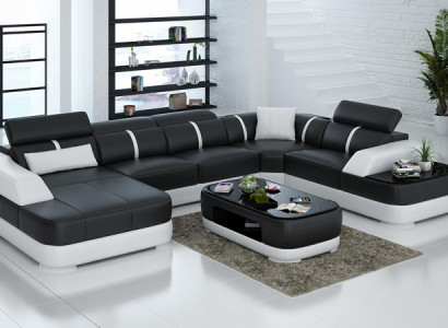 Ledersofa Polster Sitz Eck Sofa Garnitur Wohnlandschaft Wohnzimmer Couch mit USB