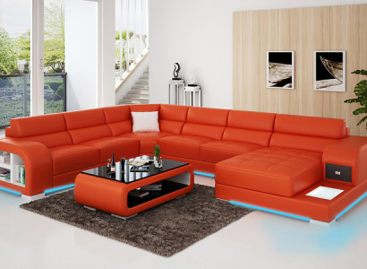 Modern Ledersofa Couch Design Wohnlandschaft Ecksofa Eck Garnitur Sofa Licht USB