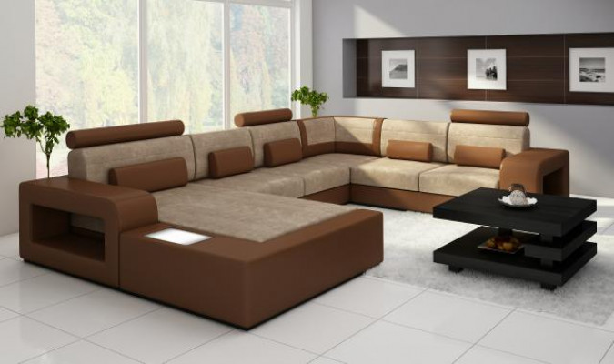 Wohnlandschaft Sofa mit USB,Sofagarnitur Stoff Textil Leder Sofa mit Beleuchtung
