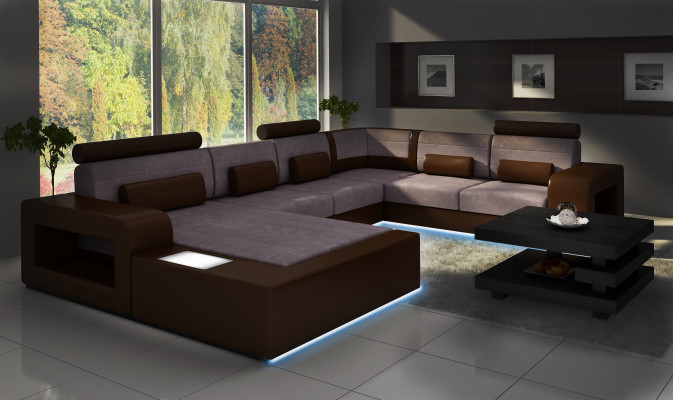 Wohnlandschaft Sofa mit USB,Sofagarnitur Stoff Textil Leder Sofa mit Beleuchtung