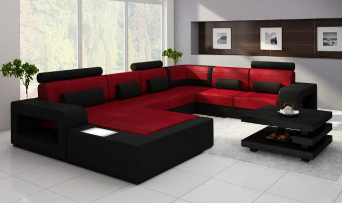 Wohnlandschaft Sofa mit USB,Sofagarnitur Stoff Textil Leder Sofa mit Beleuchtung