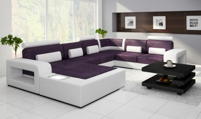 Wohnlandschaft Sofa mit USB,Sofagarnitur Stoff Textil Leder Sofa mit Beleuchtung