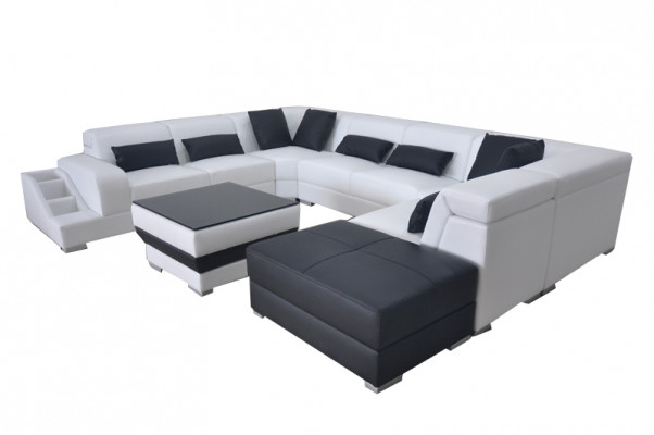Leder Eck Sofa Wohnlandschaft Garnitur Design Modern Couch Sofas USB LED Hocker