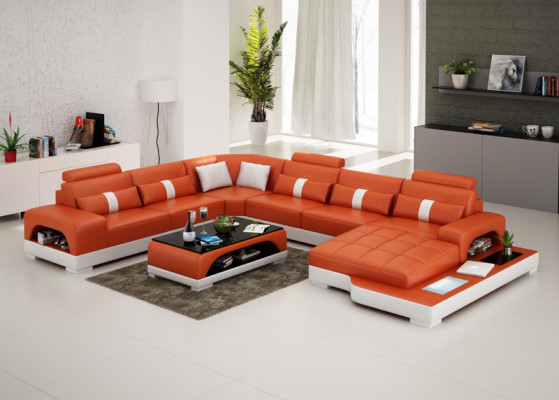 Ledersofa Couch Wohnlandschaft Ecksofa Eck Garnitur Design Modern Sofa mit USB