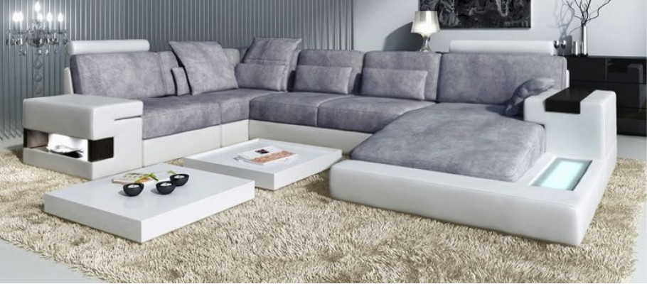Moderne Textil Sofa U-Form Möbel mit Bett Funktionen Stauraum Grau NEU