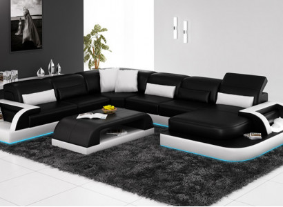 Sofa Ecksofa Design Wohnlandschaft Schwarz Polster Sitz Garnitur Ledersofa USB