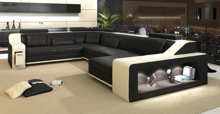 Moderne Sitzecke Ecksofa Sofa Polster Couch Leder Eckgarnitur Wohnlandschaft USB