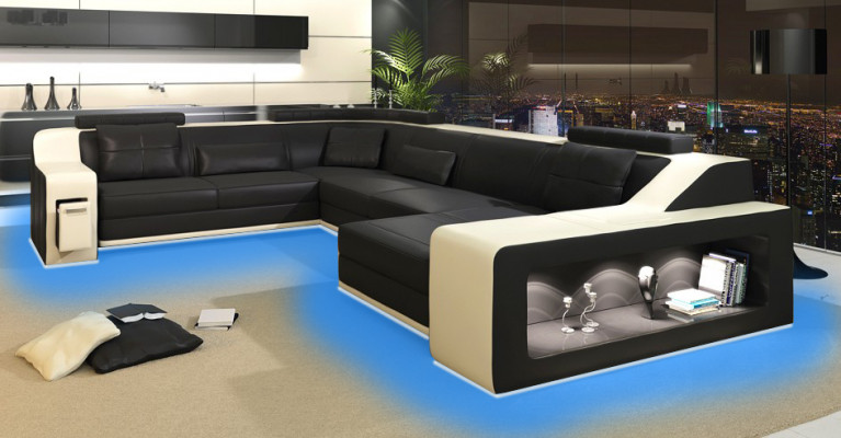 Moderne Sitzecke Ecksofa Sofa Polster Couch Leder Eckgarnitur Wohnlandschaft USB