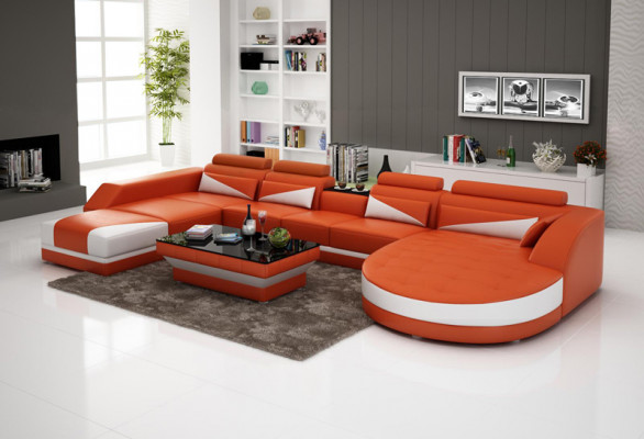 Ledersofa Couch Wohnlandschaft Ecksofa Garnitur Design Modern Sofa USB Orange