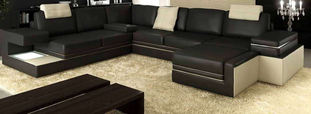 Modern Eckcouch Design Sofa Polster Ecke Leder Textil Couch LED Wohnlandschaft