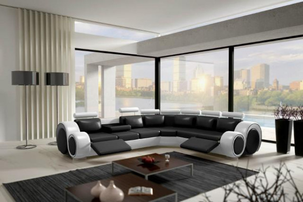 Ledersofa Eck Leder Sofa USB Wohnlandschaft Polster Garnitur Schwarz Weiß Neu