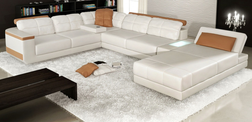 Ecksofa U-Form Sofa Couch Textil Sofas Design Wohnlandschaft Bettfunktion Leder