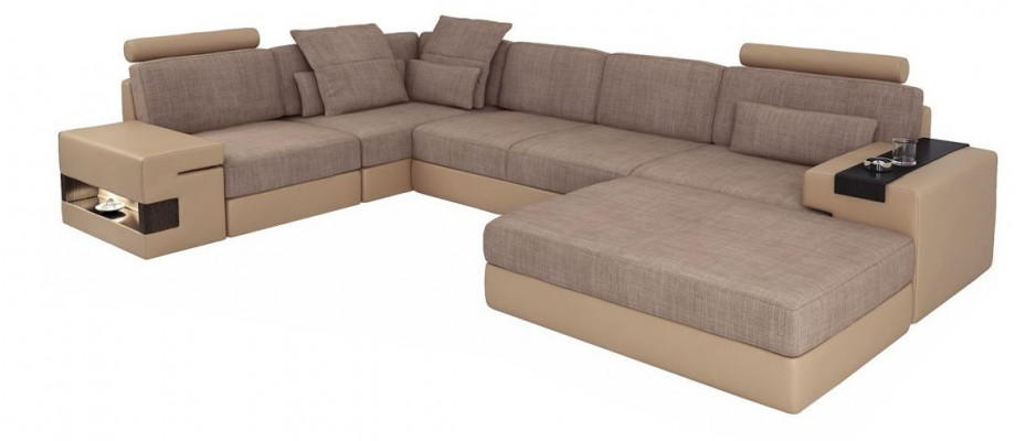 Sofas Ecksofa Leder Wohnzimmer Holz Bereich Hocker moderne L Form NEU Set