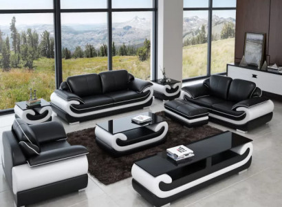 Klassische Ledersofa Garnitur Komplett Set 8 tlg. Wohnzimmer Set Tisch Hocker