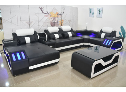 Ledersofa Sofa + couchtisch Polster Leder Design Ecksofa Couch Wohnlandschaft