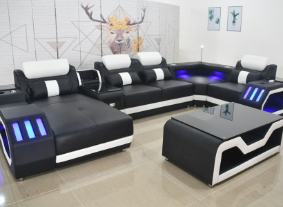 Ledersofa Sofa + couchtisch Polster Leder Design Ecksofa Couch Wohnlandschaft