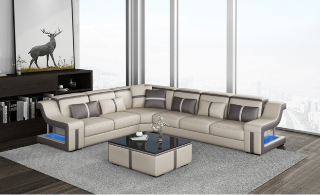 XXL Ecksofa Sofa mit USB Eck Wohnzimmercouch Sofa Couch Tisch Polster Sitz Leder