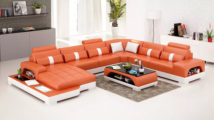 Modernes Sofa Ecksofa UForm Couchtisch Ledersofa Ecksofa Polster Orange Luxus