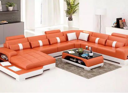 Modernes Sofa Ecksofa UForm Couchtisch Ledersofa Ecksofa Polster Orange Luxus