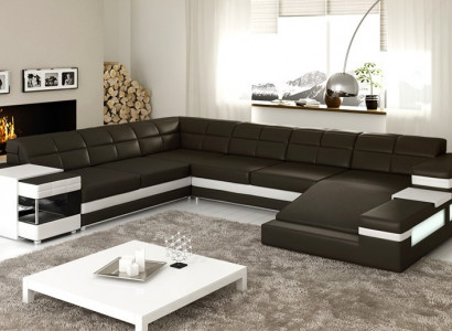 Ledersofa LED USB Sofa Couch Polster Ecke Wohnlandschaft Ecksofa Design Leder