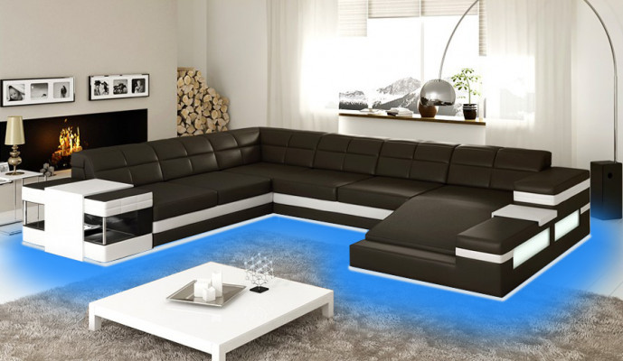 Ledersofa LED USB Sofa Couch Polster Ecke Wohnlandschaft Ecksofa Design Leder