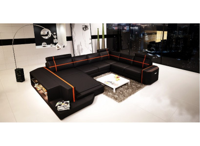 Ecksofa Ledersofa Modernes Sofa Couch U Form Wohnlandschaft +Beleuchtung PHM108