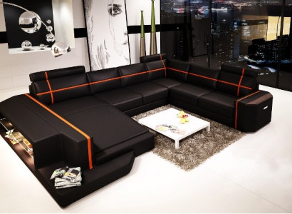 Ecksofa Ledersofa Modernes Sofa Couch U Form Wohnlandschaft +Beleuchtung PHM108