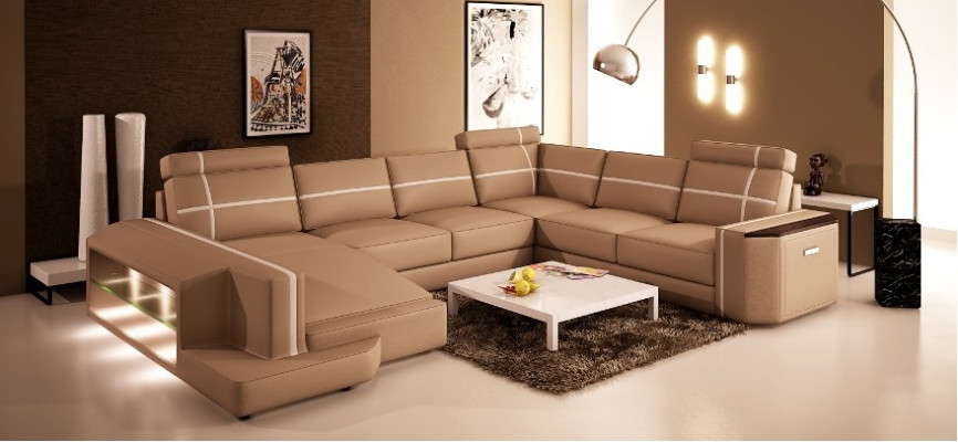Ecksofa Ledersofa Modernes Sofa Couch U Form Wohnlandschaft +Beleuchtung PHM108