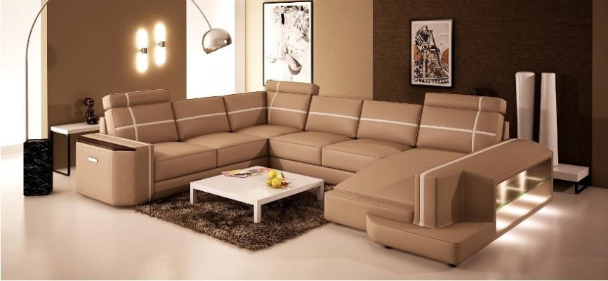 Ecksofa Ledersofa Modernes Sofa Couch U Form Wohnlandschaft +Beleuchtung PHM108