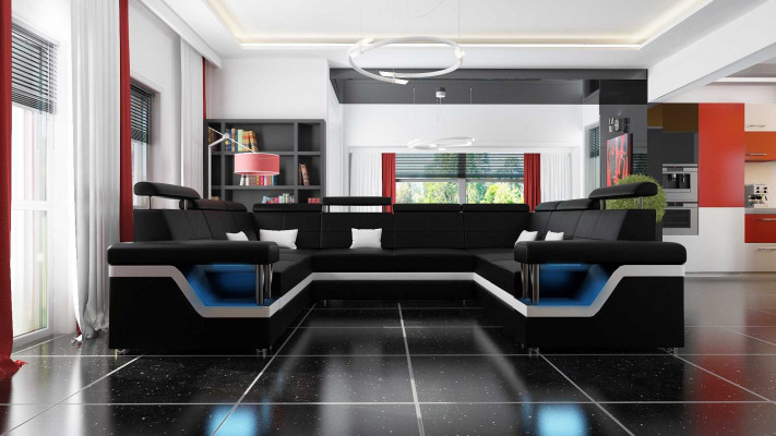 Ledersofa mit USB Big XXL Couch Ecksofa Wohnlandschaft Couch Polster Sitz LED