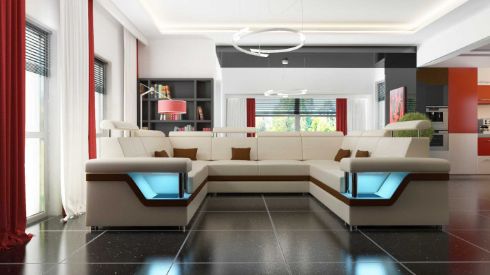 Ledersofa mit USB Big XXL Couch Ecksofa Wohnlandschaft Couch Polster Sitz LED