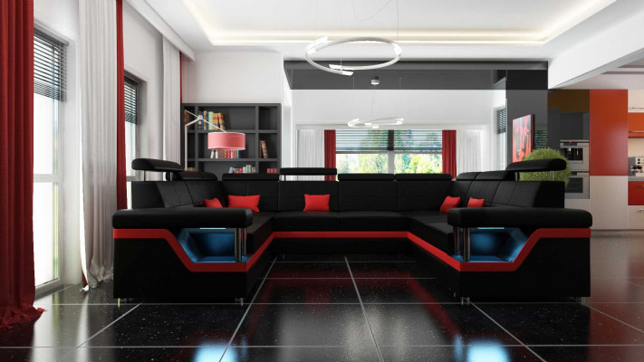 Ledersofa mit USB Big XXL Couch Ecksofa Wohnlandschaft Couch Polster Sitz LED