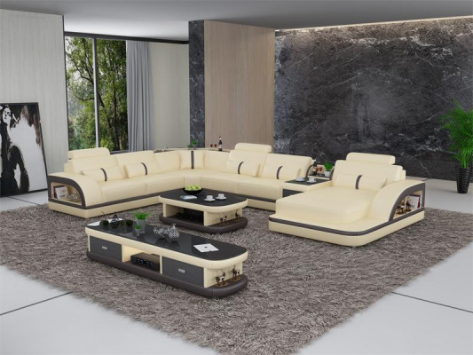 Sofagarnitur + USB Luxus Designer Couch Polster 3+2+1 Leder Sofa Sitz Beige NEW