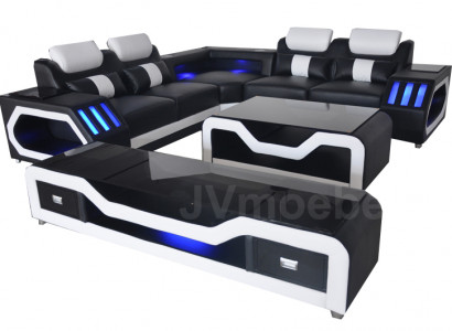 Moderne Ledersofa Wohnlandschaft L Form Sofa Couch Sound - USB - Bluethooth Neu