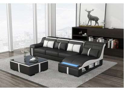 Design Eck Sofa USB LED + Tisch Polster Eck Sitz Leder Garnitur Wohnlandschaft