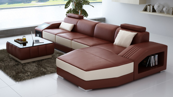 Ledersofa mit USB,Wohnlandschaft Ecksofa Eck Garnitur Design Modern Sofa L6003C
