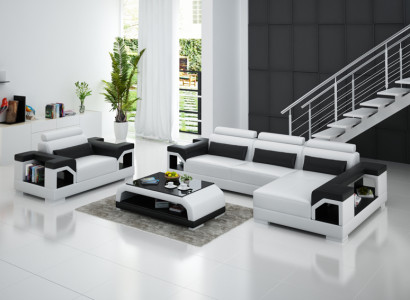 Ledersofa Wohnlandschaft Ecksofa + Sessel Eck Garnitur Design Modern
