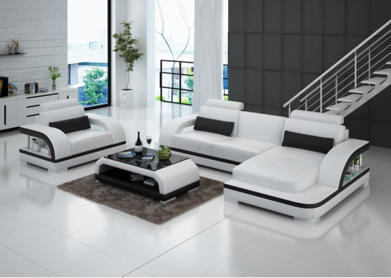 Ledersofa Couch Wohnlandschaft Ecksofa + 1Sitzer Garnitur Modern Sofa G8011E