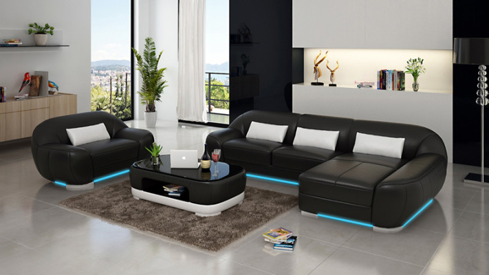 Ledersofa Couch Wohnlandschaft Ecksofa + Sessel Eck Garnitur Design