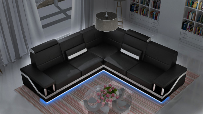 Ledersofa Eckcouch Sofa + USB Poster Eckgarnitur Sofas Stoff Leder Garnitur Neu