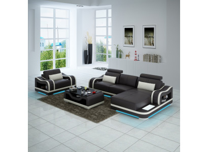 Ledersofa Couch Wohnlandschaft Ecksofa + Sessel Eck Garnitur Modern G8030E