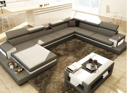 Ledersofa mit USB,Sofa Ecksofa U Form Couch Wohnlandschaft Designer Sitz Ecke