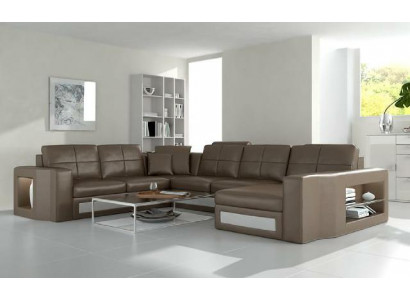 Design Wohnlandschaft Ledersofa Ecksofa Eckcouch Polster Sofa Ecke USB + LED
