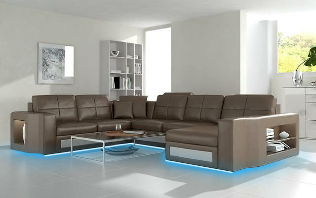 Design Wohnlandschaft Ledersofa Ecksofa Eckcouch Polster Sofa Ecke USB + LED